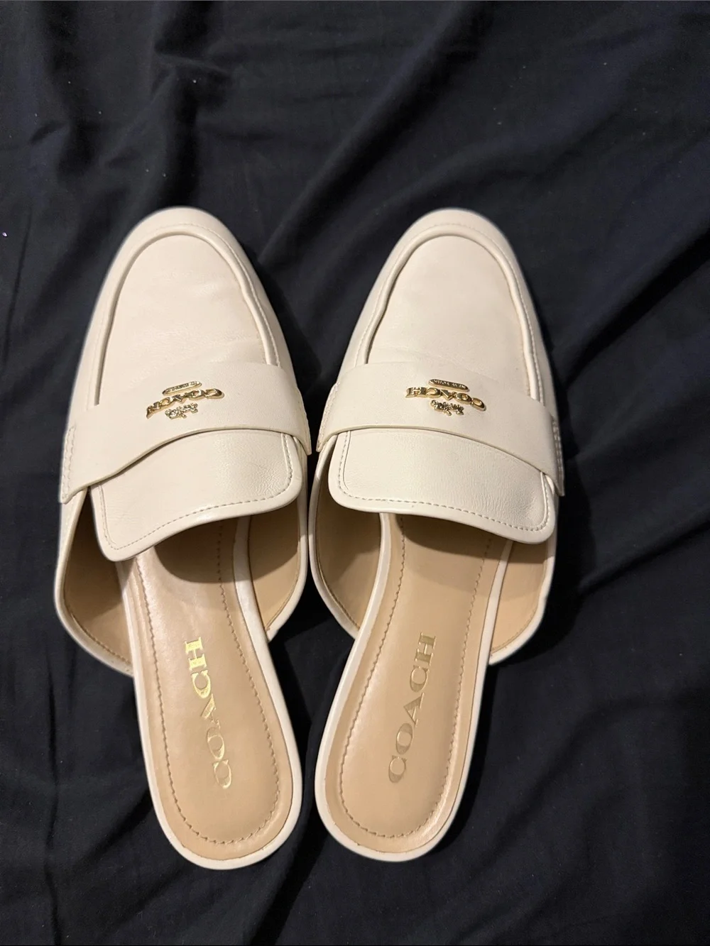 Coach Cream Leather Backless Loafers with Gold Logo